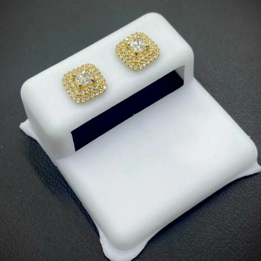Baby Womens  Square Stud Earrings 14K Real Gold Push Back Baguette 2 Row CZ - Picture 5 of 6